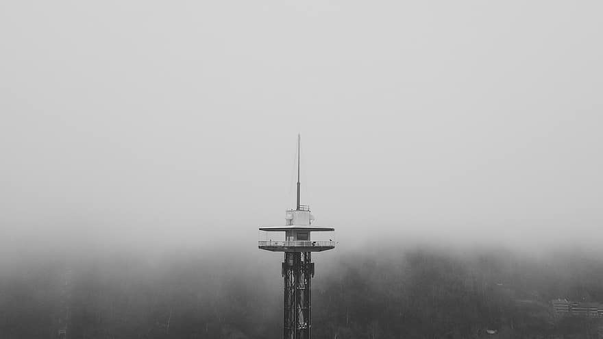 aguja Espacial, torre, niebla, en blanco y negro, nubes, cielo, brumoso, estado animico, punto de referencia, Seattle, Washington
