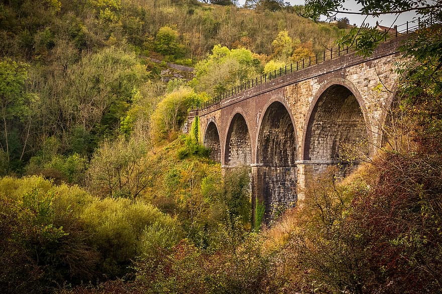 brug, viaduct, bakstenen, bomen, landschap, natuur, architectuur, boog, spoorweg, monsal, derbyshire