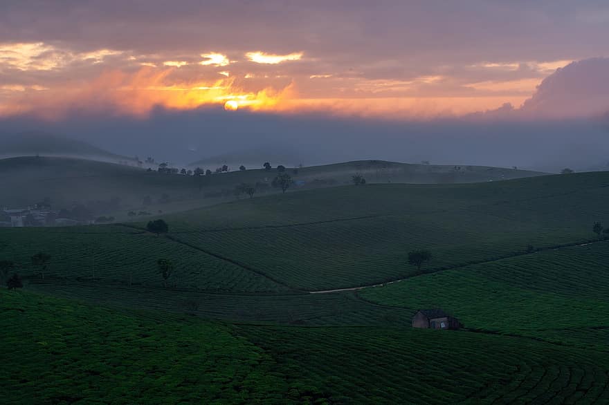 hegyek, Napkelte, köd, napnyugta, Foggy Hills, reggel köd, hajnal, dombok, Vietnam