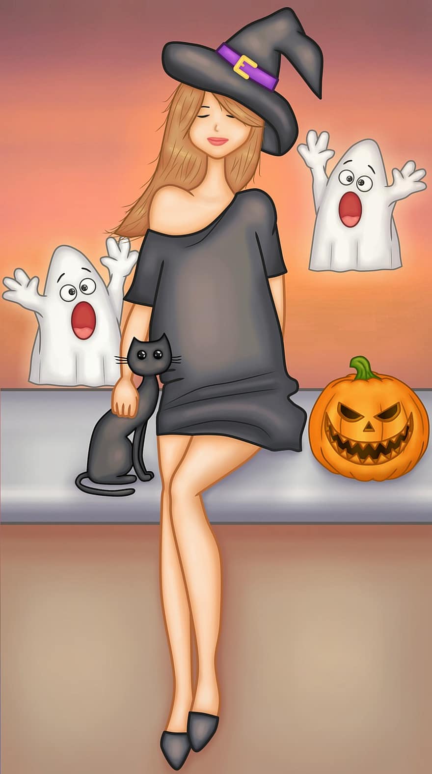 женщина, ведьма, Хэллоуин, костюм, тыква, призраки, кошка