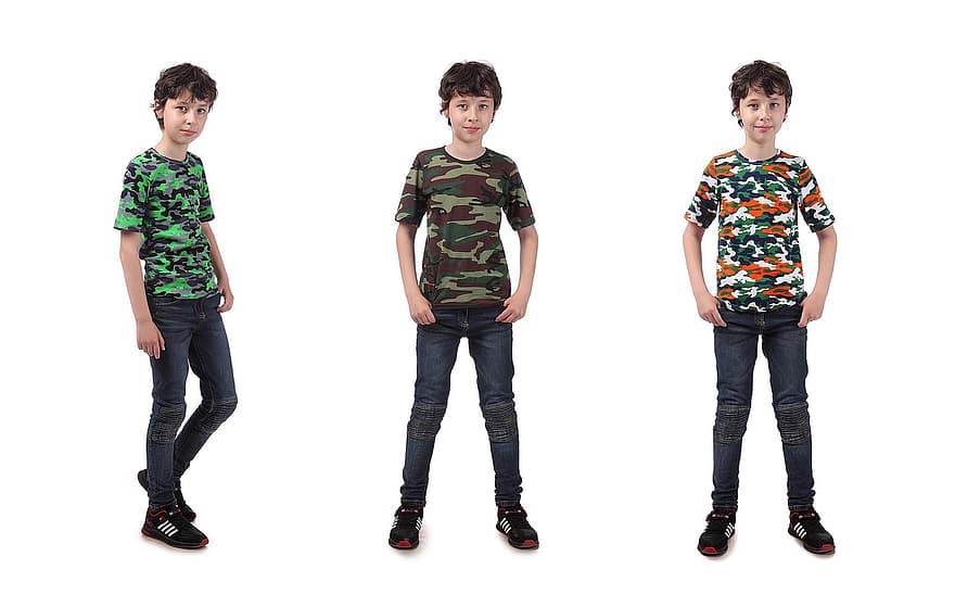 jongen, model-, mode, tiener, kind, jong, stijl, kinderkleding, t-shirt, camouflage