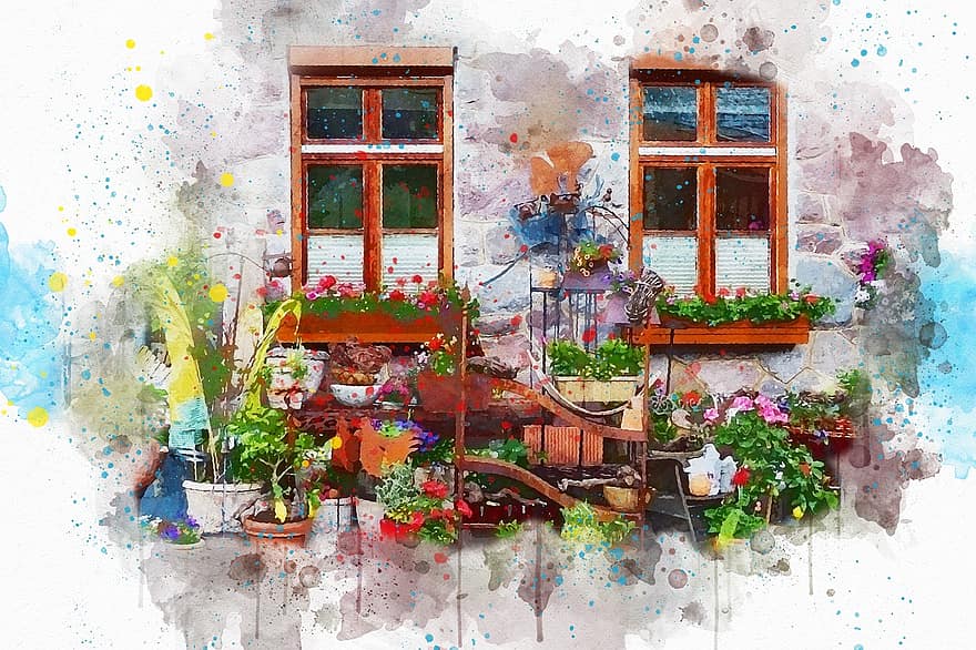 прозорци, цветя, тенджери, изкуство, абстрактен, акварел, реколта, природа, артистичен, дизайн, пръскане на бои