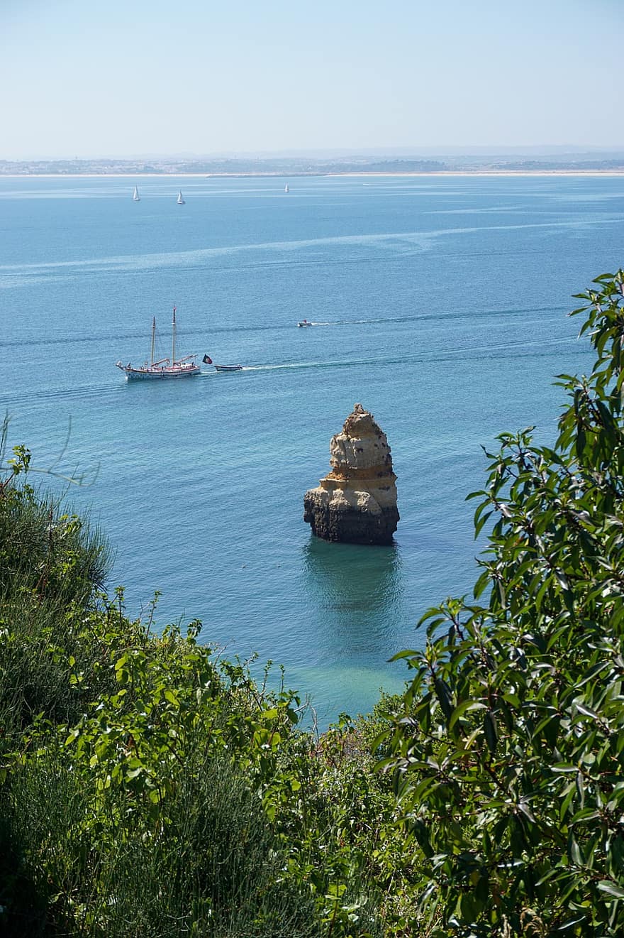 szikla, óceán, Praia, Algarve, lagos, hajó, vitorlázás, víz, tenger, természet, tengerpart