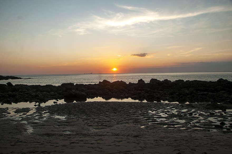 puesta de sol, mar, playa, cielo, Oceano, costa, naturaleza, rocas, marina, oscuridad