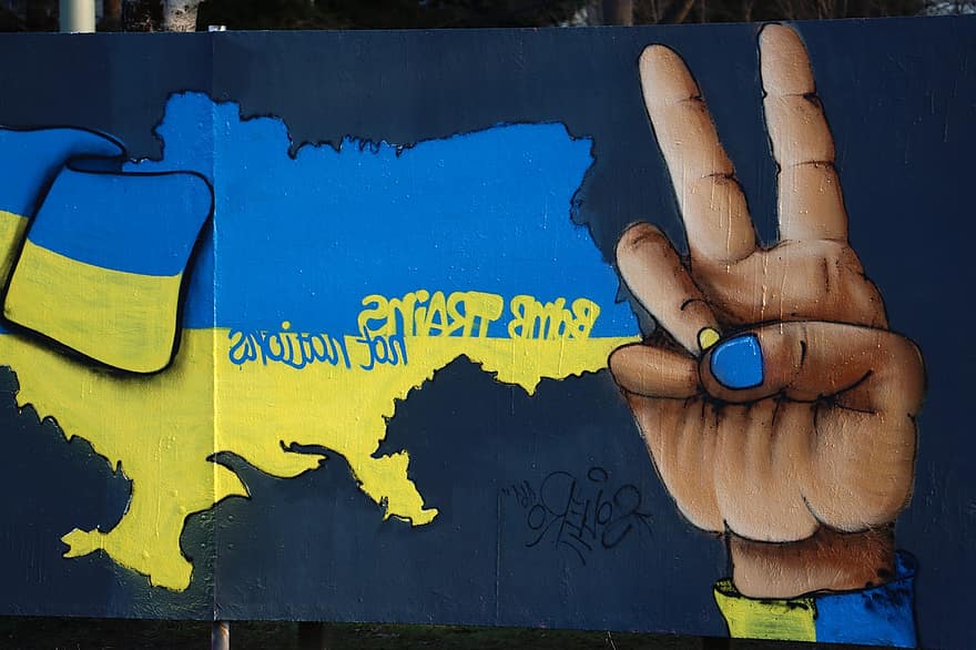 落書き、ウクライナの旗、平和、アート、壁画、ウクライナ、シンボル、世界平和、人間の手、男達、青