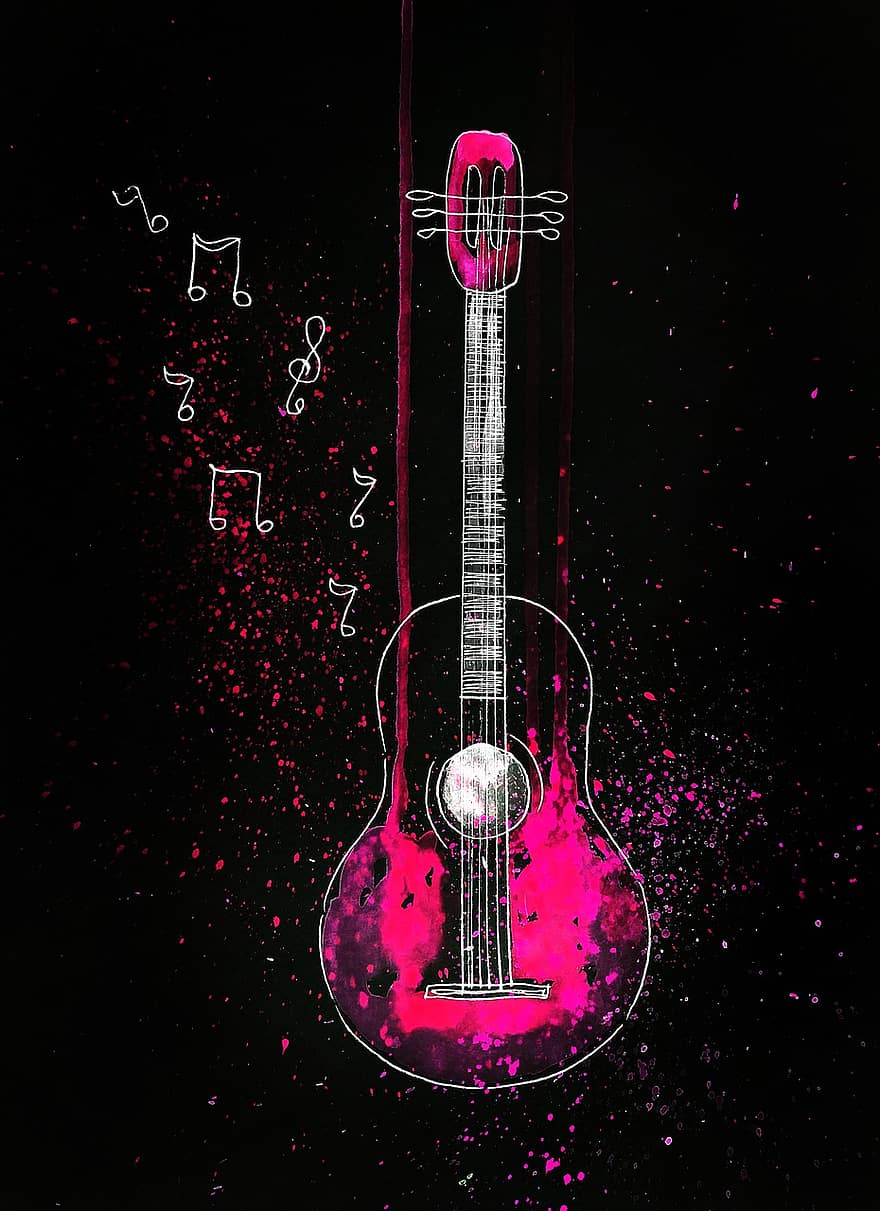 chitarra, musica, stringhe, melodia, gli appunti, strumento musicale, neon, arte, schizzo, rosa, strumenti musicali