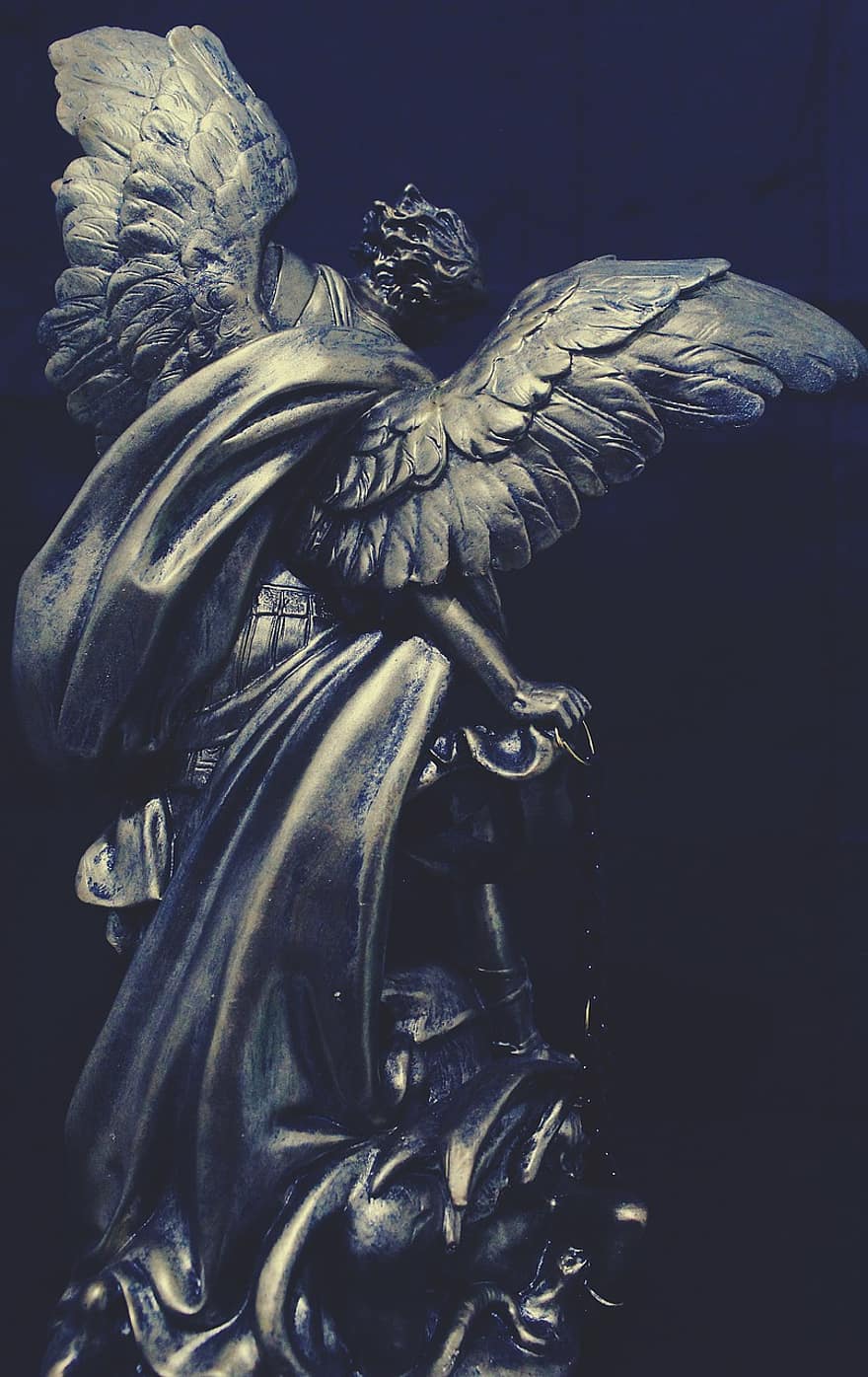 彫刻、像、天使、大天使、マイケル、サタン、立ち往生、連鎖した、天使の翼、悪魔、神