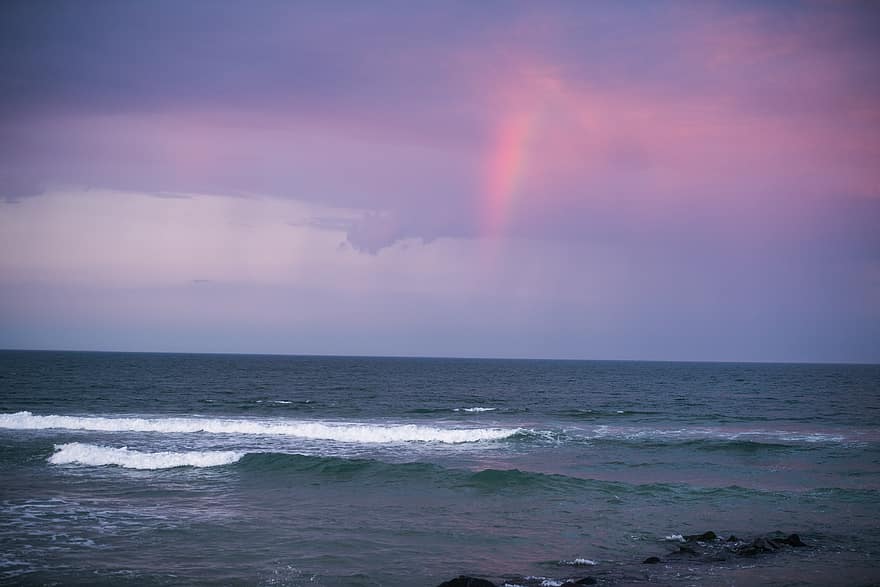 rainbow, ocean, water, waves, clouds, background, colorful, outdoors, atlantic, sea, horizon