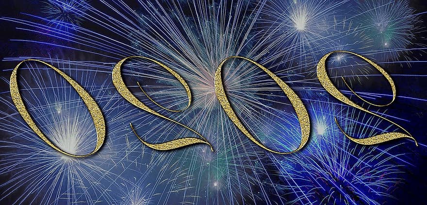 Véspera de Ano Novo, dia de Ano Novo, o começo do ano, 2020, fogos de artifício