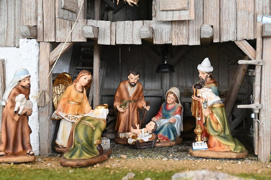 Коледа, сцена на Рождество Христово, ангел, ореол, Мария, Йозеф, Исус, дете, раждане, овчар