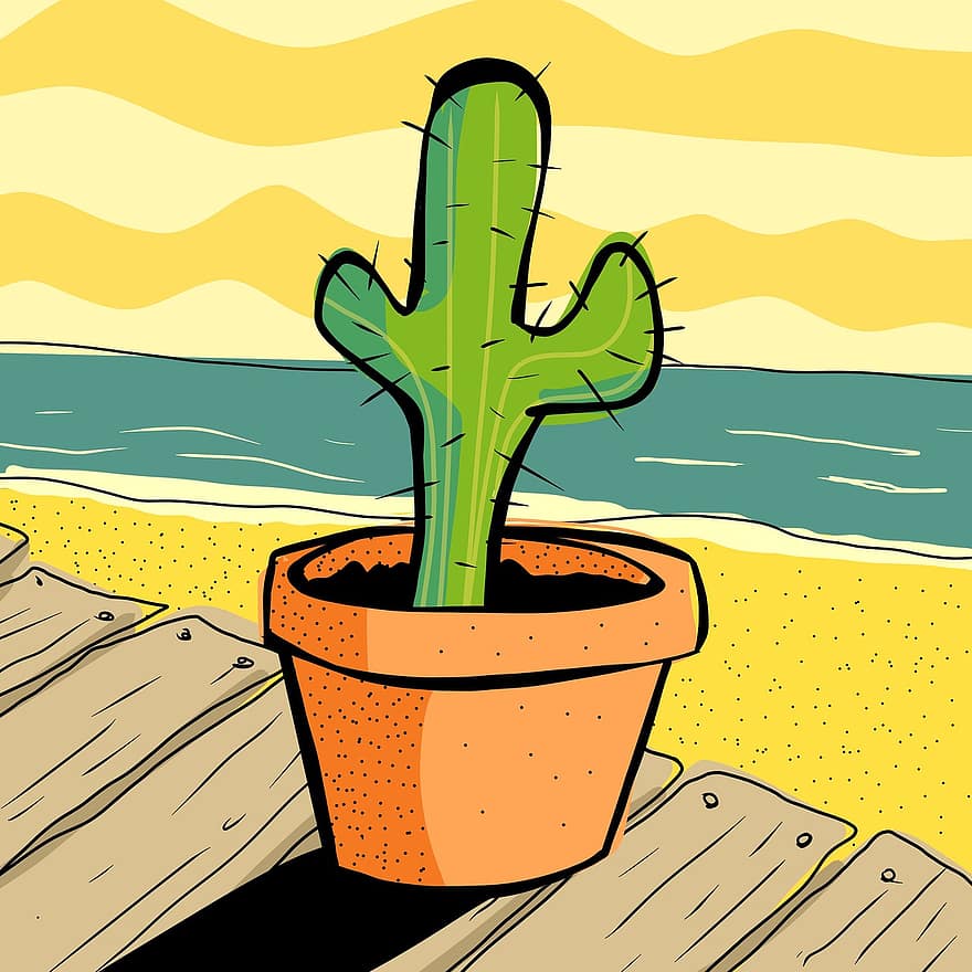 kaktus, hrnec, rostlina, sukulentní, pláž, moře, Příroda