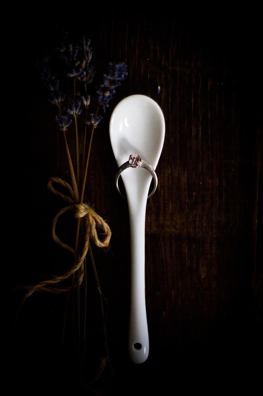 Ring, Spoon, Lavender, Diamond Ring, Engagement, Valentine's Day, Wedding, Flowers, Love, Rustic, close-up