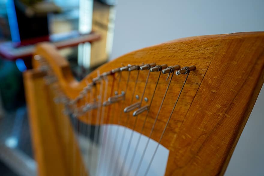 instrument, harpa, musik, keltiska, musik instrument, strängar, stränginstrument, trä, gitarr, närbild, sträng