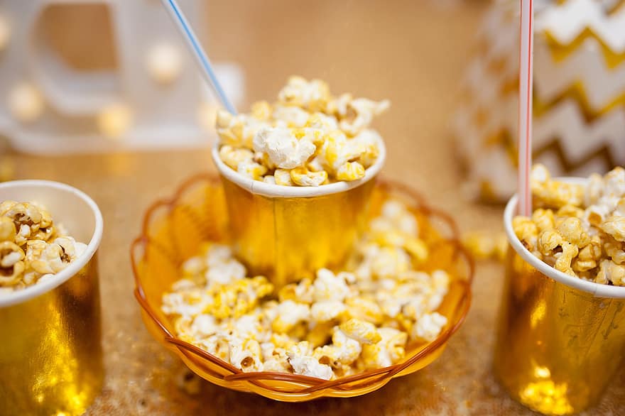 popcorn, fest, guld-, födelsedag