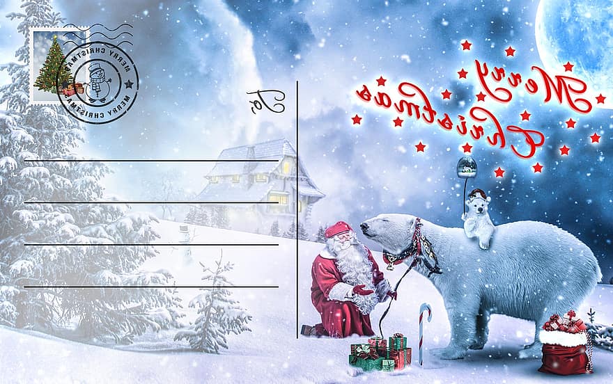 Cartolina di Natale, Biglietto natalizio, periodo natalizio, buon Natale, francobollo, orso polare, lettera, social media, i regali, Internet, design
