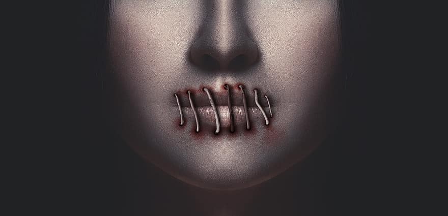 femme, bouche, lèvres, silence, exclu, visage, nez, tête, horreur, du sang, blessé