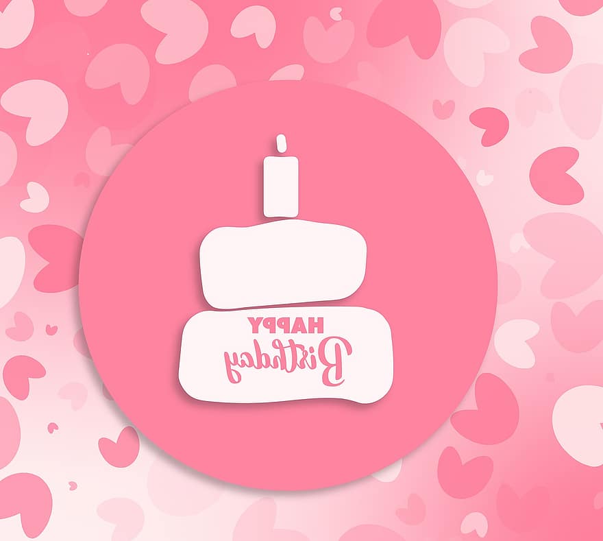 születésnapi torta, üdvözlőlap, boldog születésnapot, tervezés, szívek, rózsaszín, sütemények, szeretet, gyertya, ünneplés, vektor