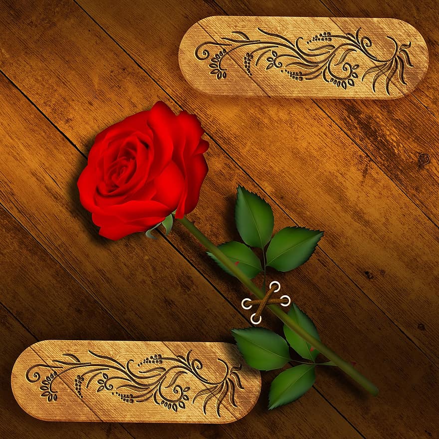 design, textura, Pozadí, dřevo, červená růže, romantico