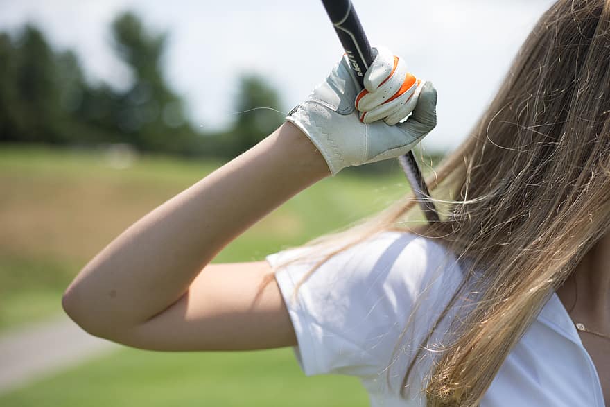 女性、ゴルファー、ゴルフ、人、スポーツ、屋外の、クラブ、遊ぶ、余暇、夏、コース