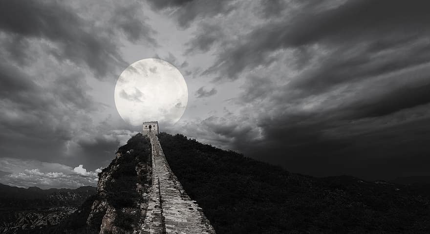 Великата китайска стена, луна, нощ, Черно и бяло, великата стена, небе, облаци, крепост, кула, кула на градската врата, планина