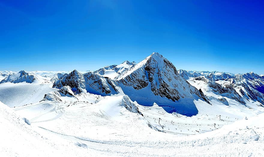 kalni, sniegs, ledājs, augstākā līmeņa sanāksmē, virsotne, kalnu grēda, sniegains, ziemā, auksts, saulains, skats