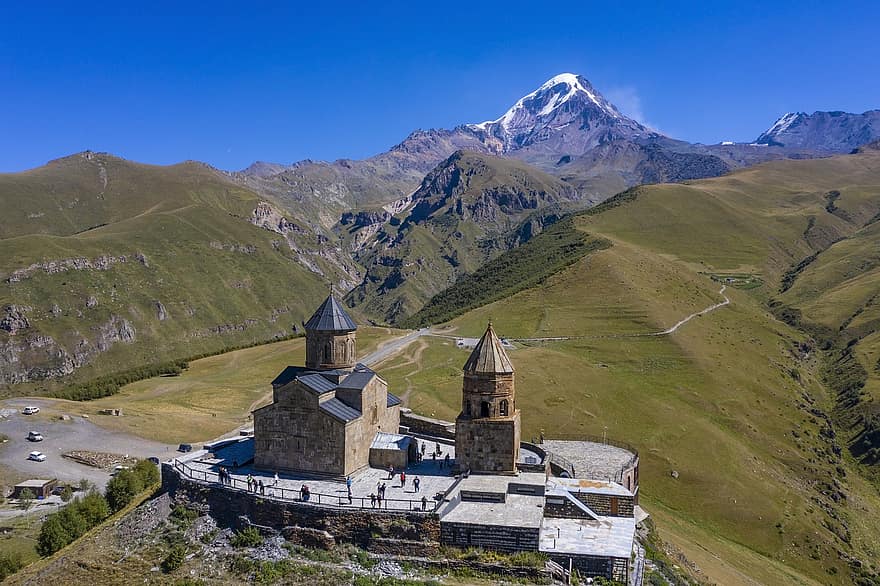 nhà thờ ba ngôi Gergeti, nhà thờ, núi, xây dựng, chính thống, phong cảnh, dãy núi, phong cảnh, kazbek