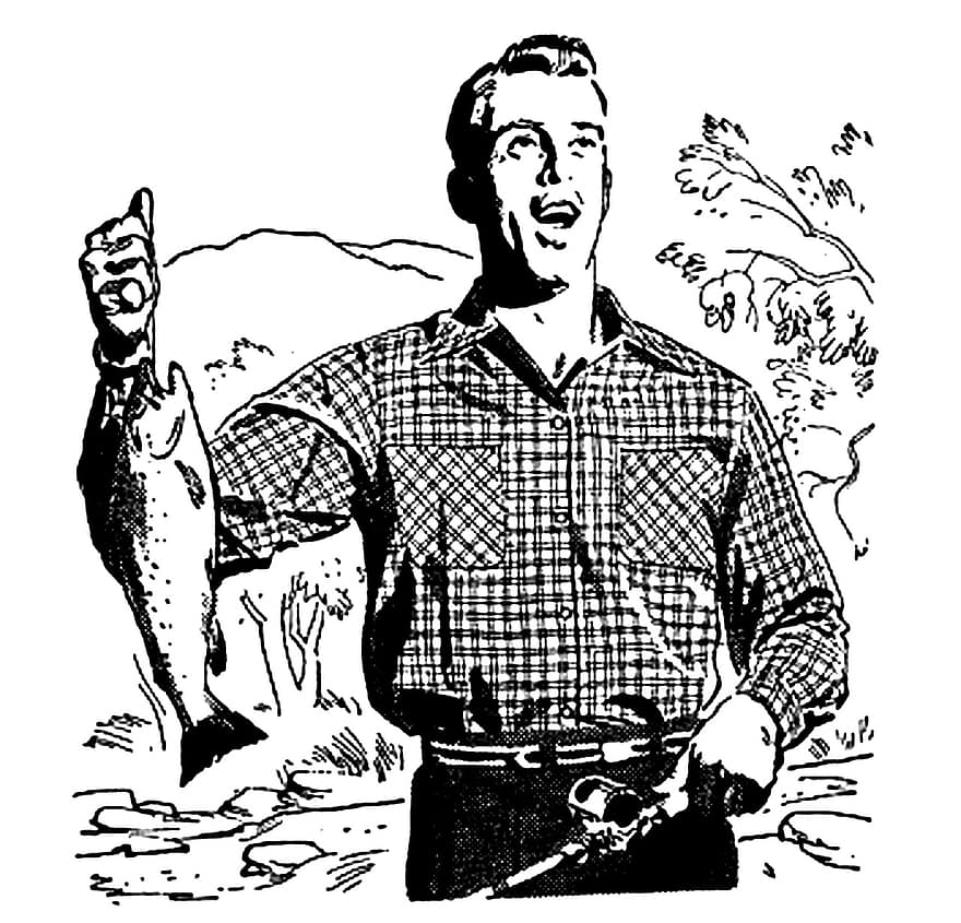 hombre, Hidalgo, pescar, vendimia, pez, acortar, Art º, grande, caña de pescar, río, naturaleza