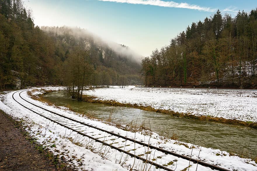 hivern, riu, ferrocarril, neu, vies de tren, muntanyes, vies del ferrocarril, fred, bosc, paisatge, muntanya