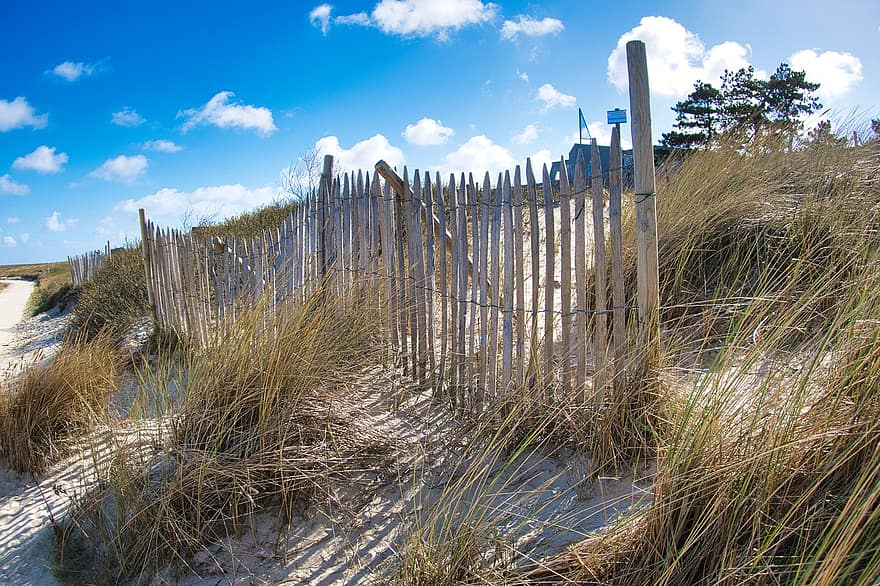 clôture, côte, le sable, plage, ciel, se détendre, vent, herbe, les plantes, la mer du Nord