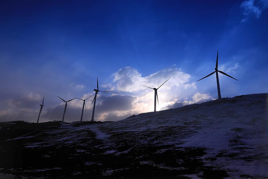 turbiny wiatrowe, farma wiatrowa, Energia wiatrowa, słońce, niebo, wiatraki, moc wiatru, Elektryczność, horyzont, Natura