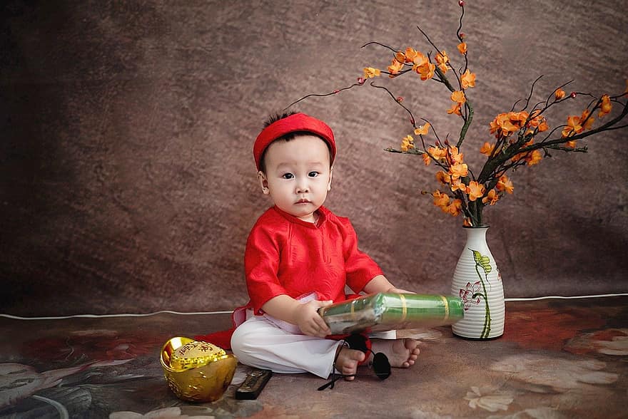 enfant, costume traditionnel, aodai, bébé, Jeune, bambin, tet, Tết Nguyên đán, Nouvel an lunaire vietnamien, vietnamien, le vietnam