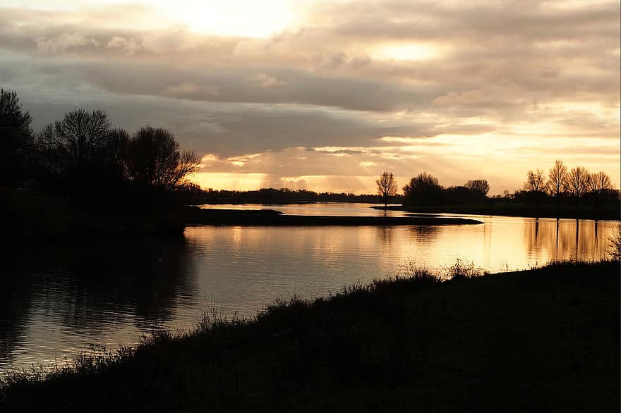 landschap, Rijn, wageningen, Nederland, zonsondergang, toneel-, rivier-, tegen licht, avond
