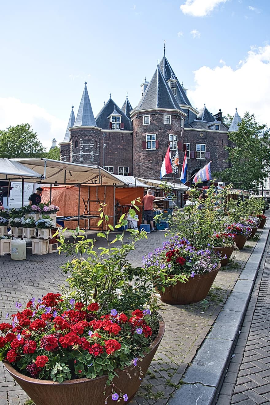 Waag, อัมสเตอร์ดัม, สี่เหลี่ยม, Nieuwmarkt, เนเธอร์แลนด์, ประตูเมือง, บ้านชั่งน้ำหนัก, ประวัติศาสตร์, ดอกไม้, พืช, กระถางต้นไม้