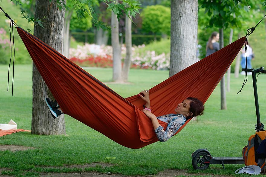 Woman, Relaxing, Hammock, Adult, Red Hammock, Trees, Park, Grass, Electric Scooter, relaxation, summer