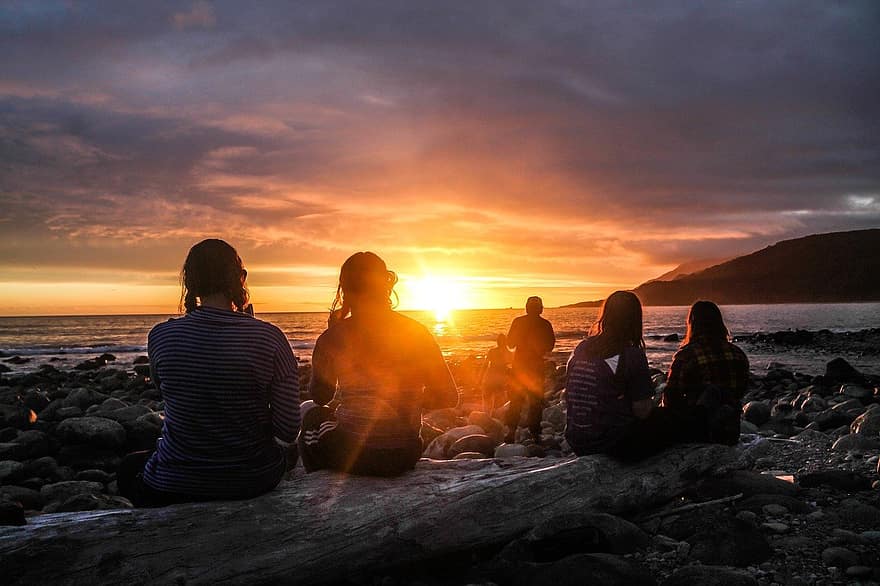 puesta de sol, gente, gran bahía, costa, Nueva Zelanda, isla del sur, parque nacional de fiordland, Mar de Tasmania, vagabundo, excursionismo, Dom