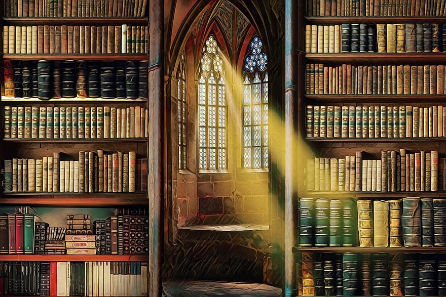 كتب ، رفوف ، رف الكتب ، خزانة الكتب ، مكتبة ، قراءة ، تعلم ، مكتبة لبيع الكتب ، أشعة ، ضوء الشمس ، خيال
