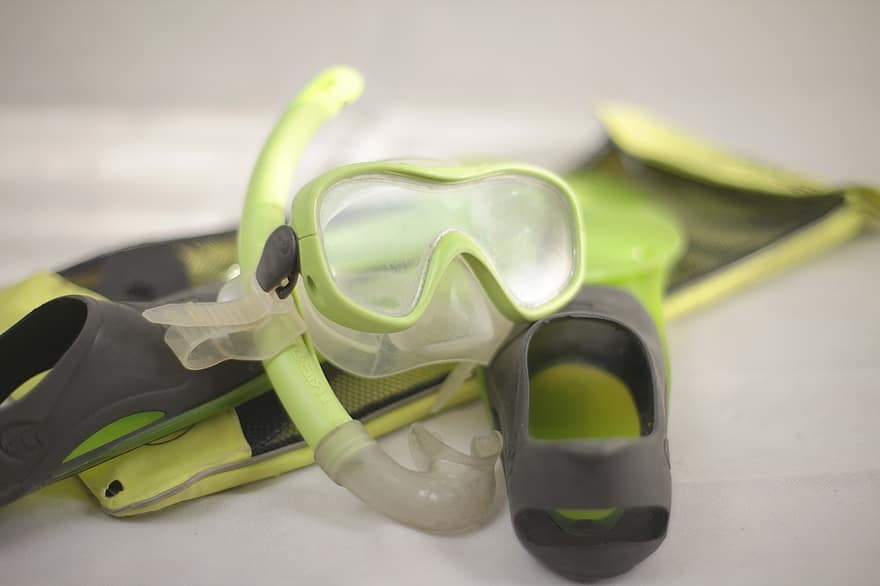 webbed, màscara, tubas, mar, submarinisme, snorkel, esport, equipament, estiu, ulleres de natació, color verd