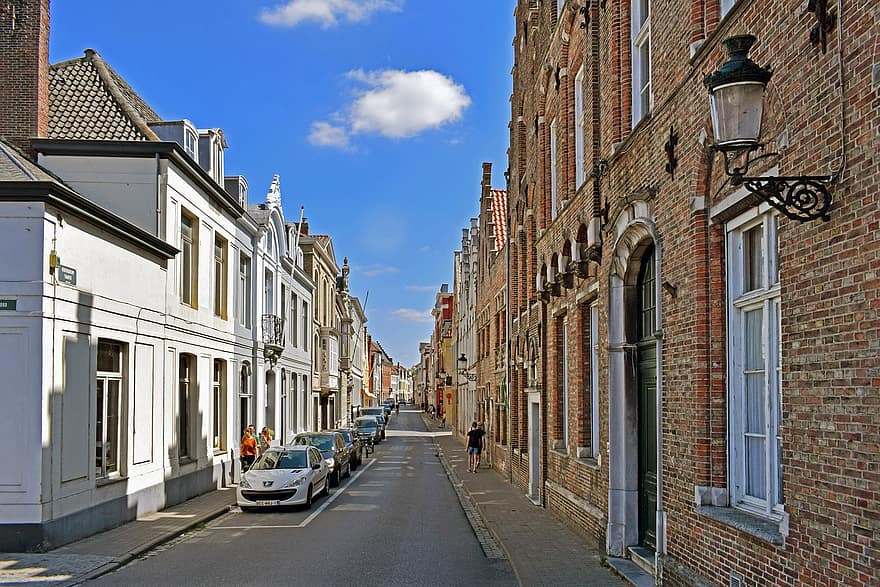 ulica, Droga, Budynki, stare Miasto, architektura, aleja, samochody, Miasto, Bruges, na zewnątrz budynku, zbudowana struktura