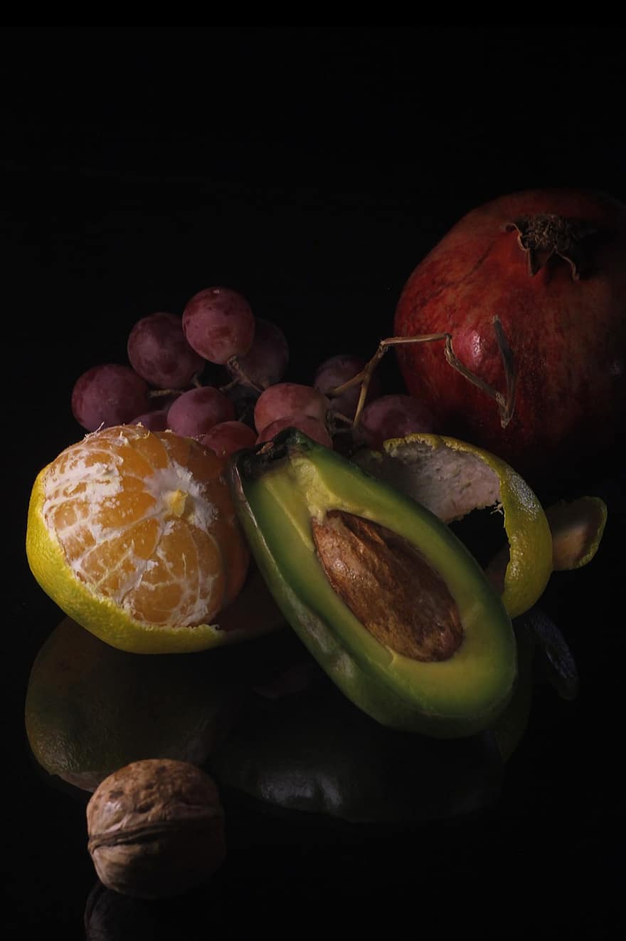 avocado, granaat, druif, mandarijn, moer, reflectie, stilleven, voedsel