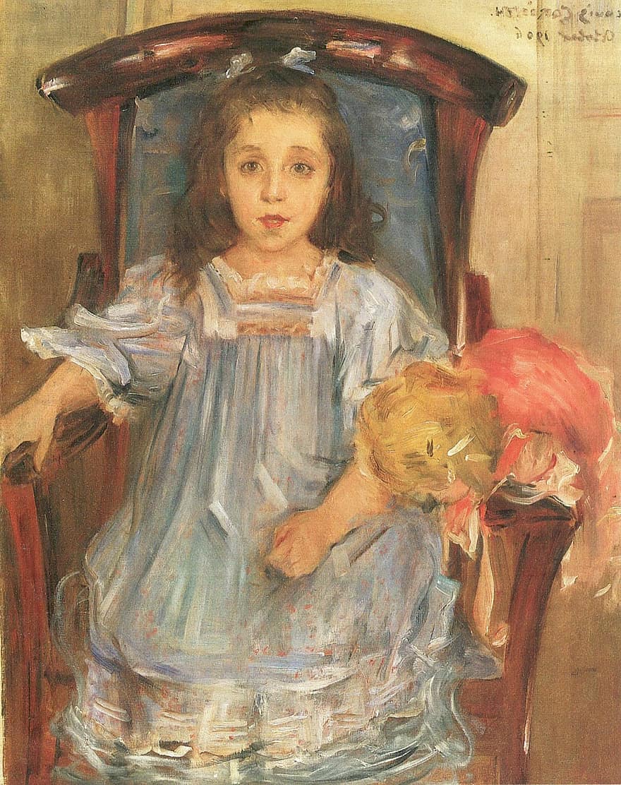 Lovis Korint, dívka, dítě, panenka, židle, umění, malování, olej na plátně, umělecký