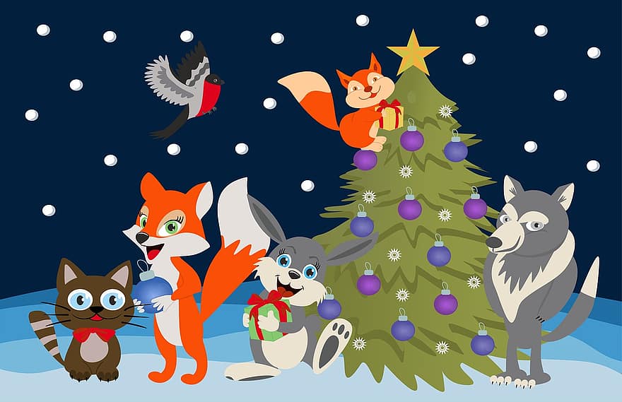 Різдвяна ялинка, свято, тварини, святкування, Переддень Нового року, сніг, природи, Різдво, зима, подарунки, орнамент