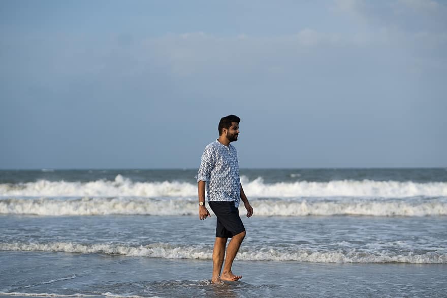 om, model, plajă, valuri, ocean, mers pe jos, stil, ocazional, bărbați, o persoana, adult