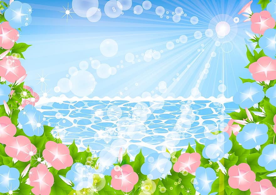 ωκεανός, θάλασσα, λουλούδια, bokeh, νερό, παραλία, καλοκαίρι, άμμος, μπλε, φύση, διακοπές