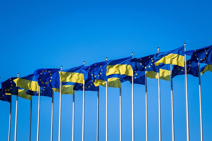 Oekraïne, EU, Europees parlement, vlaggen, Europeese Unie, blauw, patriottisme, symbool, dag, eenheid, alle europese vlaggen