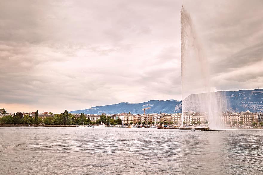 фонтан, град, планина, остров, сгради, океан, пътуване, атракция, Женева, вода