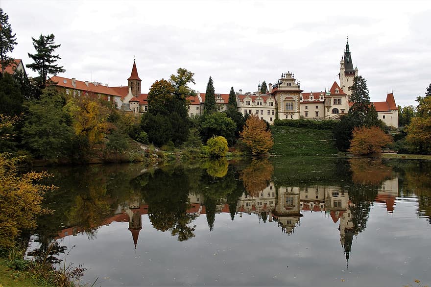 castello, stagno, architettura, autunno