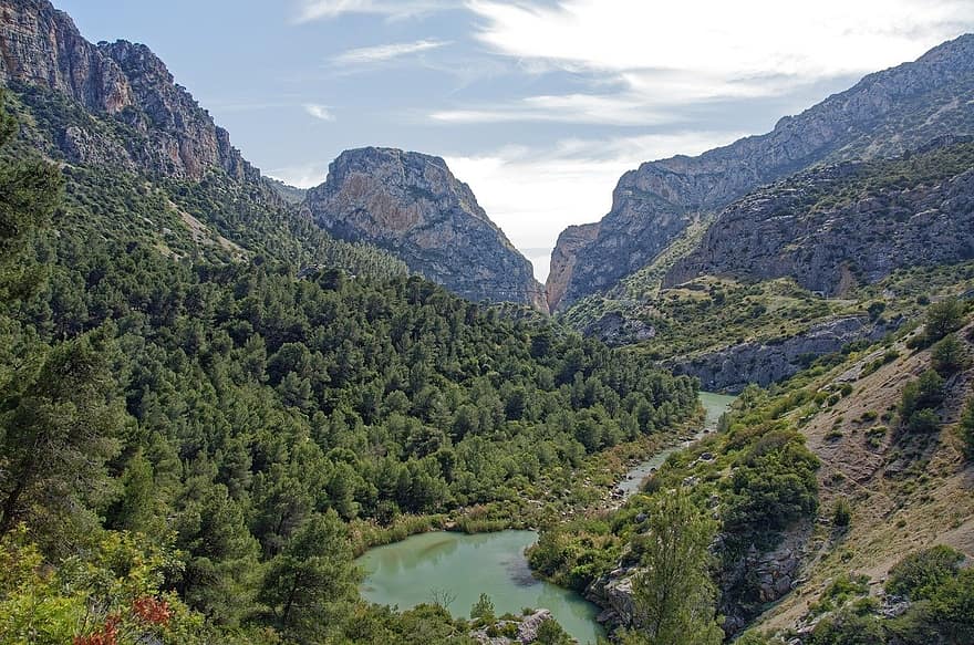 Испания, Андалусия, Провинция Малага, планини, хълм, долина, рок, rio guadalhorce, поток, вода, пейзаж