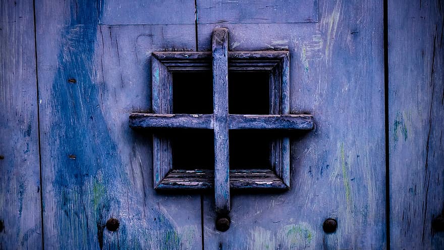 ドア、窓、古い、木材、ビンテージ、青、紫の、家、抽象、古さ、ゲート