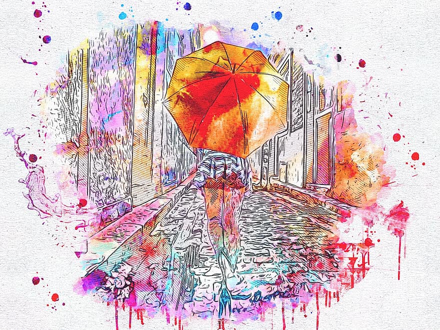 Girl, Umbrella, Art, Abstract, Watercolor, Vintage, Colorful, Artistic, Texture, Aquarelle, Digital Paint