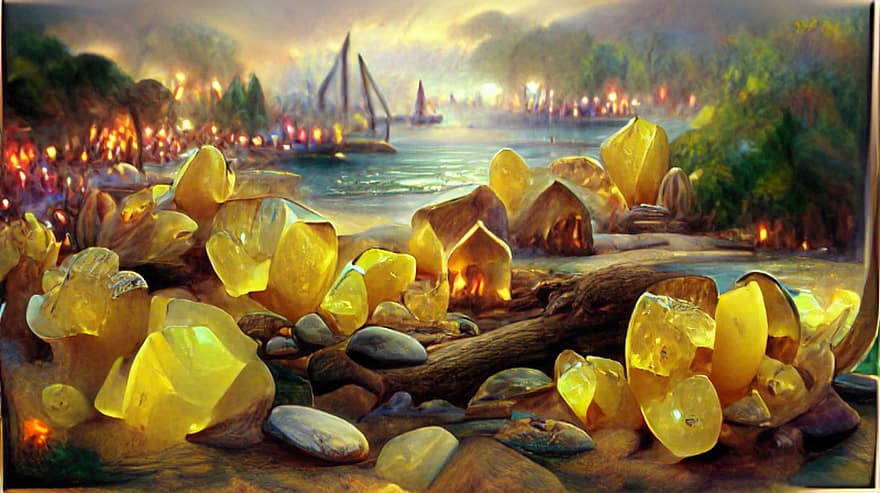 citrino, cristales, lago, piedras preciosas, apuntalar, piedras amarillas, ámbar, estético, fondo, agua, antecedentes